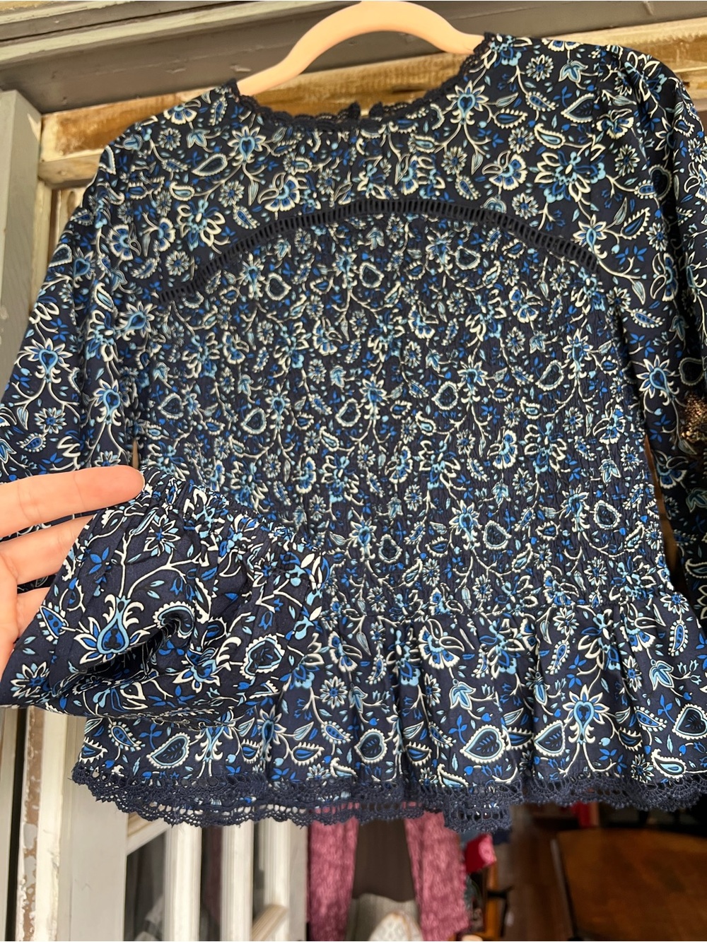 LOFT Navy Blue Floral Smocked Peasant Blouse